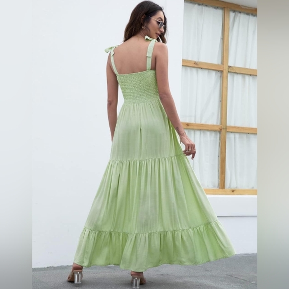 Mint Green Maxi Tiered Boho Dress Shoulder Ties Long Flowy Bohemian Tie Sundress - Picture 9 of 13